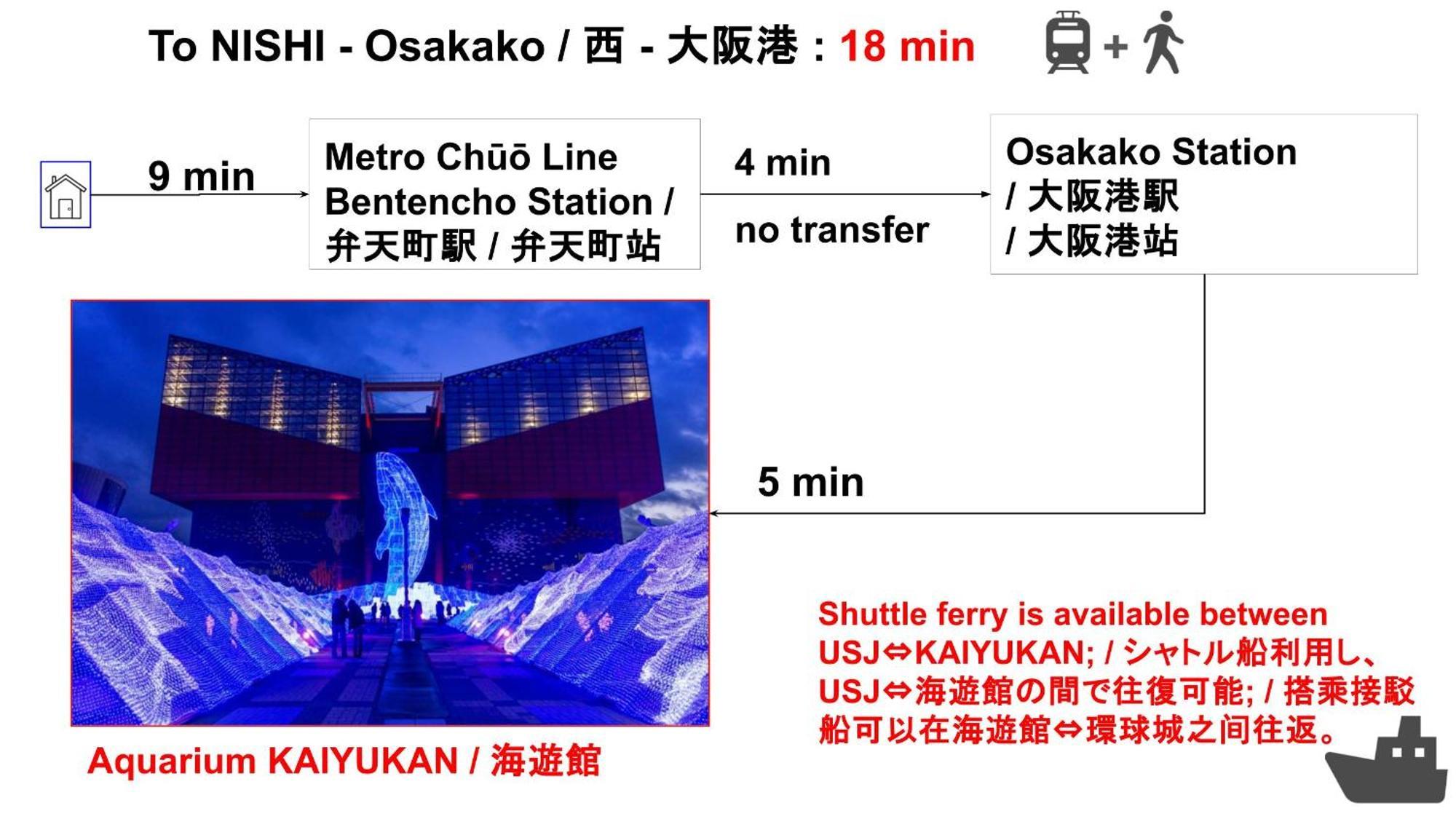 15min To Nishi-expo-casino-ir-tempozan Ferris,direct To Kix 1h,horyuji 40min,wakayama 80min Ōsaka